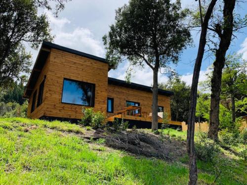 a wooden house in the middle of a field at Kingfisher de los Andes in Villa Meliquina