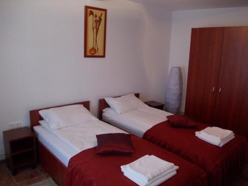 a bedroom with two beds with red sheets at Clisura Dunarii - Danubian Border in Berzasca