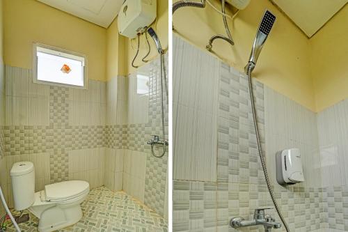 a bathroom with a shower and a toilet and a sink at OYO 91825 Ayu Lestari Homestay in Nganjuk