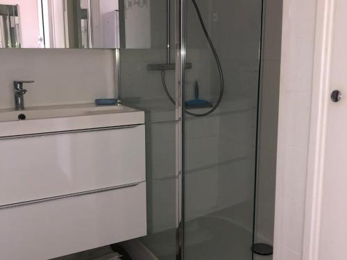 prysznic ze szklanymi drzwiami obok umywalki w obiekcie Appartement avec Balcon Proche des Thermes, Étang et Commerces - Climatisé, Animaux Admis - FR-1-503-134 w mieście Balaruc-les-Bains