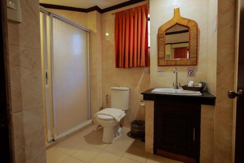 a bathroom with a toilet and a sink and a mirror at Paradise Garden Hotel and Convention Center Boracay Powered by ASTON in Boracay