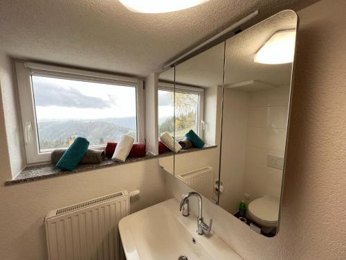 a bathroom with a mirror and a sink and a window at Cozy holiday home in Prebl with a view in the Klippitzt rl ski area in Prebl