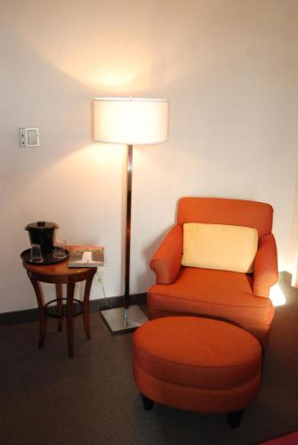 a living room with a chair and a lamp at Inn at the Convention Center in Portland