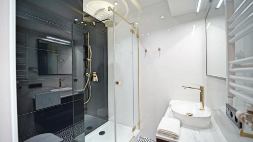 a bathroom with a shower and a toilet and a sink at Apartamenty EverySky - Słowackiego 5a-b in Karpacz