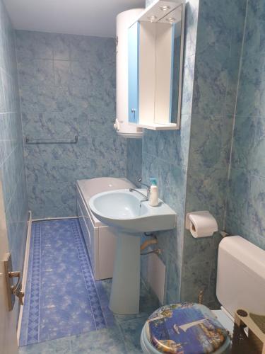 ein Badezimmer mit Waschbecken, Spiegel und Toilette in der Unterkunft RazDav Straja Central in Lupeni