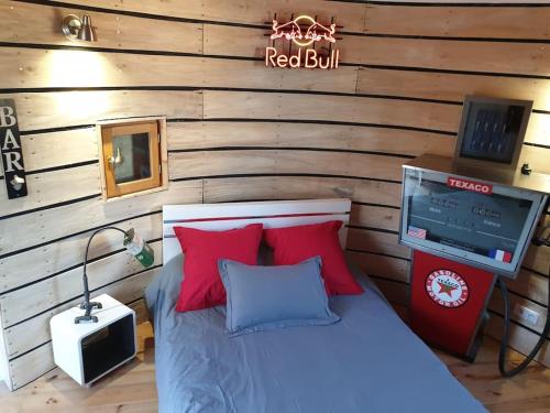 a bedroom with a bed with red pillows and a tv at Tour de charme atypique in Beauregard-lʼÉvêque