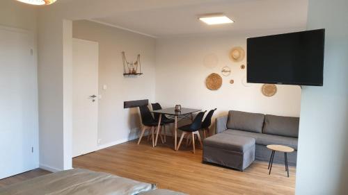 ein Wohnzimmer mit einem Sofa und einem Tisch in der Unterkunft Haus EDDA - Ferienwohnungen mit Garten und Schlossblick in Marburg an der Lahn