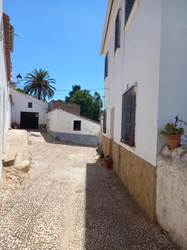un callejón con edificios y una palmera en la distancia en Agradable casa rural con chimenea y buenas vistas, en Cañaveral de León