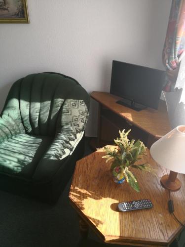 a living room with a chair and a coffee table at Noclegi Hexe in Żegocina