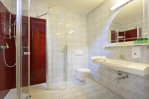 a bathroom with a toilet and a sink and a shower at Der Waldhof in Scheffau am Wilden Kaiser