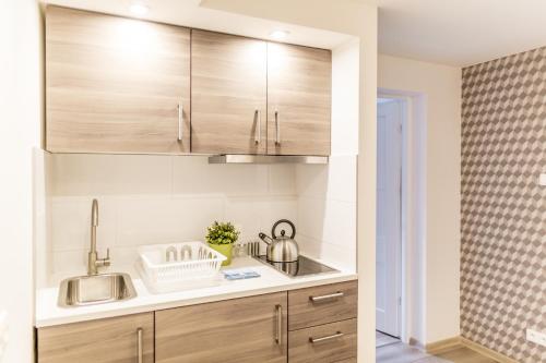 una cucina con mobili in legno e un lavello di Villa Baltica Gdańsk a Danzica