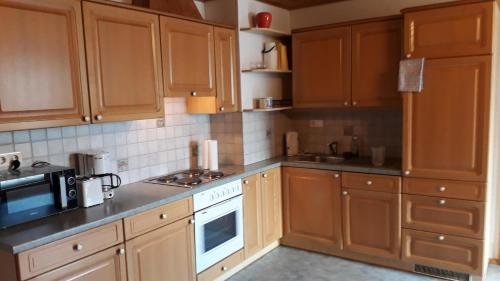 a kitchen with wooden cabinets and a stove top oven at Sieglhof in Breitenbach am Inn