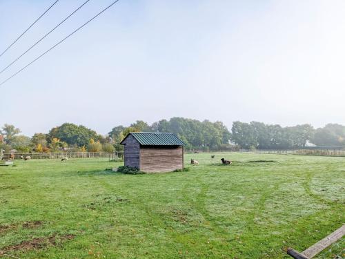 a small shed in a field with animals in the background at The Quail Cabin in Kirdford