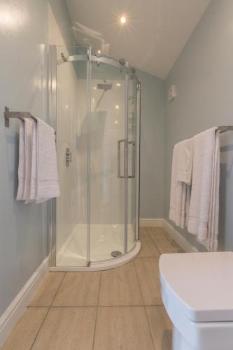 a bathroom with a shower and a toilet at Silverstone Golf Club And Hotel in Silverstone