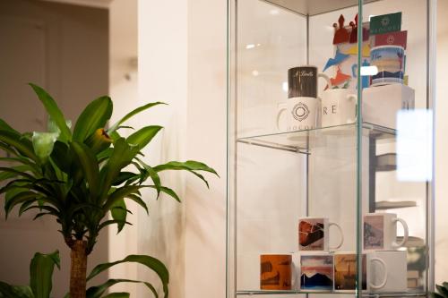 a glass display case with mugs and a plant at Neocore in Naples