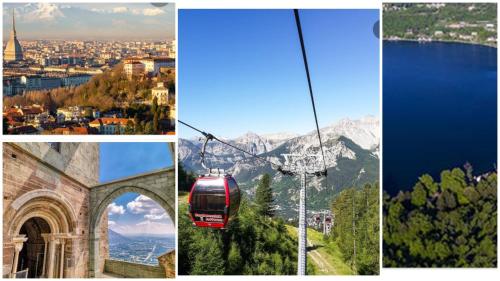een collage van foto's met een gondel en een stad bij Appartamento nel cuore delle Alpi in Susa