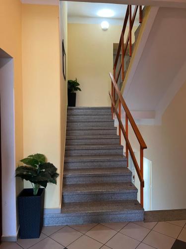 a staircase in a building with a stair case at Penzion Greenstar in Ústí nad Labem
