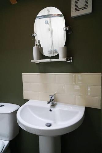 a bathroom with a white sink and a mirror at Tyddyn Plwm Isa in Newborough