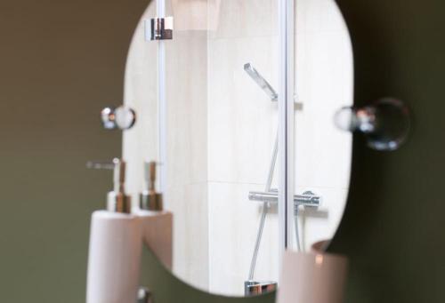 a bathroom with a shower and a mirror at Tyddyn Plwm Isa in Newborough
