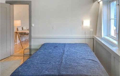 Amazing Apartment In Lillehammer With Sauna في ليلهامر: سرير أزرق كبير في غرفة مع نافذة