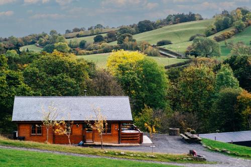 a wooden cabin in the middle of a field at George Cabin - Log Cabin in Wales with Hot tub in Newtown