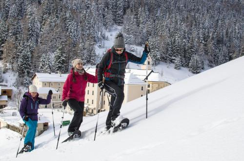 three people are skiing down a snow covered slope at Maria Waldrast in Matrei am Brenner