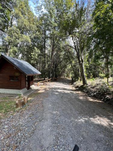 a dirt road next to a cabin in the woods at Ciprés Lago Futaláufquen in Esquel