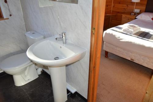 een badkamer met een wastafel, een toilet en een bed bij Woolpack Lodge in Holmrook