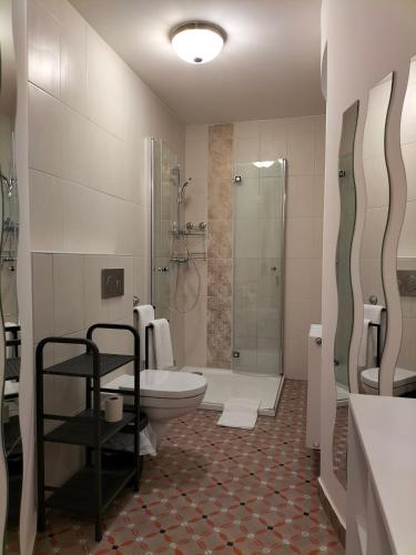 a bathroom with a shower and a toilet and a sink at Sakura Studio Apartment in Mosonmagyaróvár