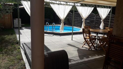 un patio avec une table et une piscine dans l'établissement Superbe T3 de 85 mètres Carrés, à Toulouse