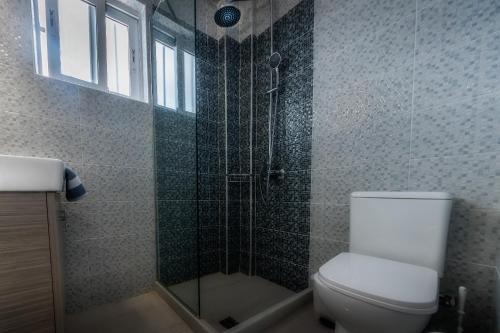 a bathroom with a toilet and a glass shower at Chandris Apartments in Kavos