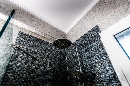 a shower with a shower head in a bathroom at Chandris Apartments in Kavos