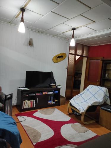 uma sala de estar com uma televisão e um tapete em La Minga Hostel em Castro