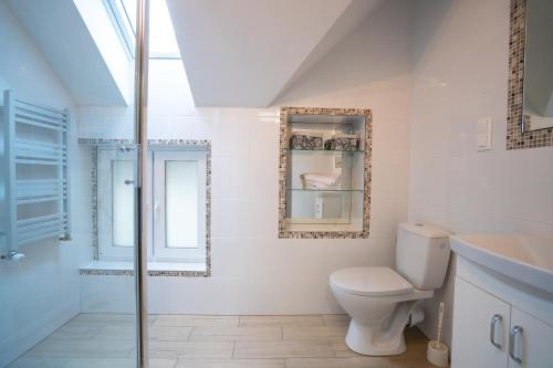 a white bathroom with a toilet and a sink at Apartament Regina in Szklarska Poręba