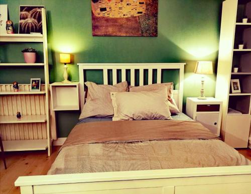 ein Schlafzimmer mit einem großen Bett mit grünen Wänden in der Unterkunft Studio avec wifi a Paris in Paris