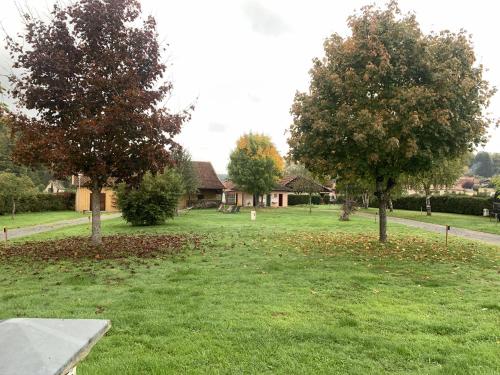 a park with two trees and a bench in the grass at Camping De La Sarre in Abreschviller