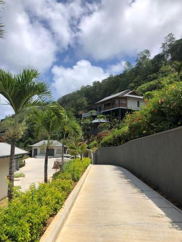 a sidewalk with palm trees and houses on a hill at Paradise Chalets Yoga & Wellness in Takamaka
