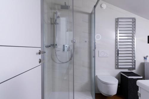 a white bathroom with a shower and a toilet at Walters Balcony Suite in Lugano