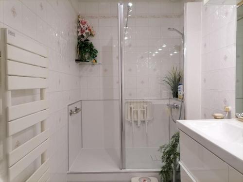 une salle de bain blanche avec une douche et un lavabo dans l'établissement Villa grand communal, piscine, 18km de Bordeaux, à Ludon-Médoc