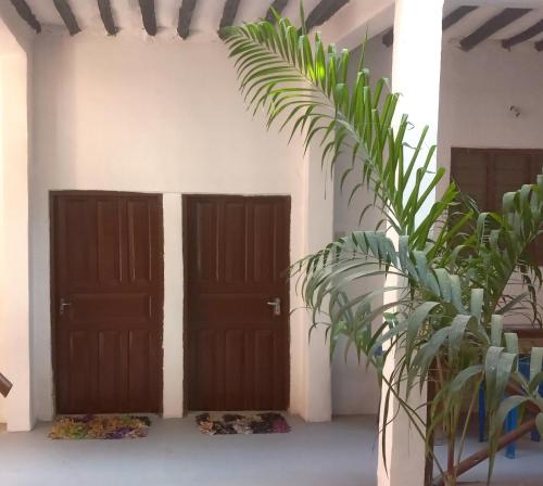 zwei Holztüren in einem Raum mit einer Pflanze in der Unterkunft New Iddi Villa in Jambiani