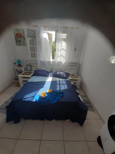 a bedroom with a bed with a blue comforter at JOYAUX DE TIVOLI VILLA in Fort-de-France