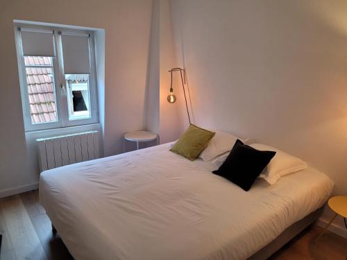 una camera da letto con un letto bianco con due cuscini sopra di Chaleureux 2 pièces au centre de Haguenau a Haguenau