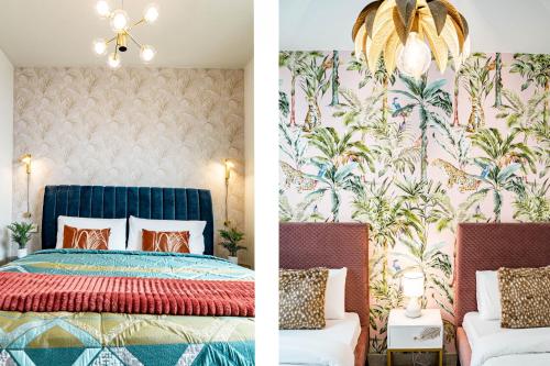 two pictures of a bedroom with a bed and a wallpaper at INF25E- Tastefully furnished flat, Estepona center in Estepona