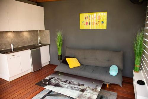 ein Wohnzimmer mit einem Sofa und einer Küche in der Unterkunft Bungalow les Songes in L’Étang-Salé
