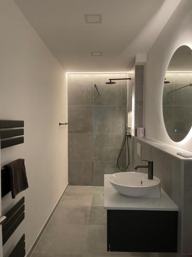 a bathroom with a sink and a shower with a mirror at Johannis ein Privatzimmer in Sankt Johannis Nürnberg in Nürnberg