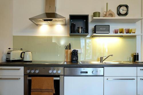uma cozinha com um lavatório e um fogão forno superior em Stilvolles Apartment in zentraler Lage em Graz