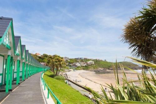 einen Fußweg neben einem Strand mit Palmen in der Unterkunft Mumbles - Modern Apartment with panoramic sea views in Oystermouth