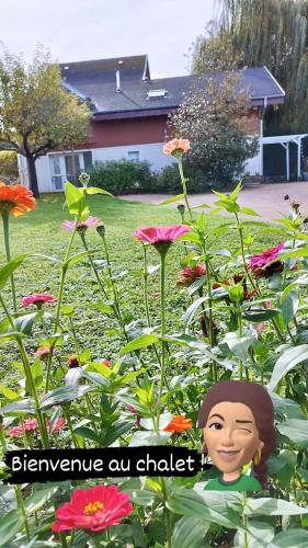 a garden with a doll in the middle of flowers at Chalet La Bachole in Charancieu