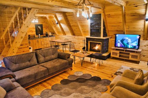 a living room with a couch and a television in a cabin at Tenta bungalov in Rize