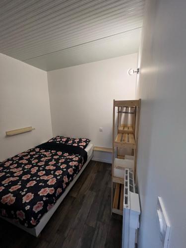 ベグルにあるLa Bordelaise - Logement cosy avec jardin à Bèglesのベッドとはしごのある小さな寝室